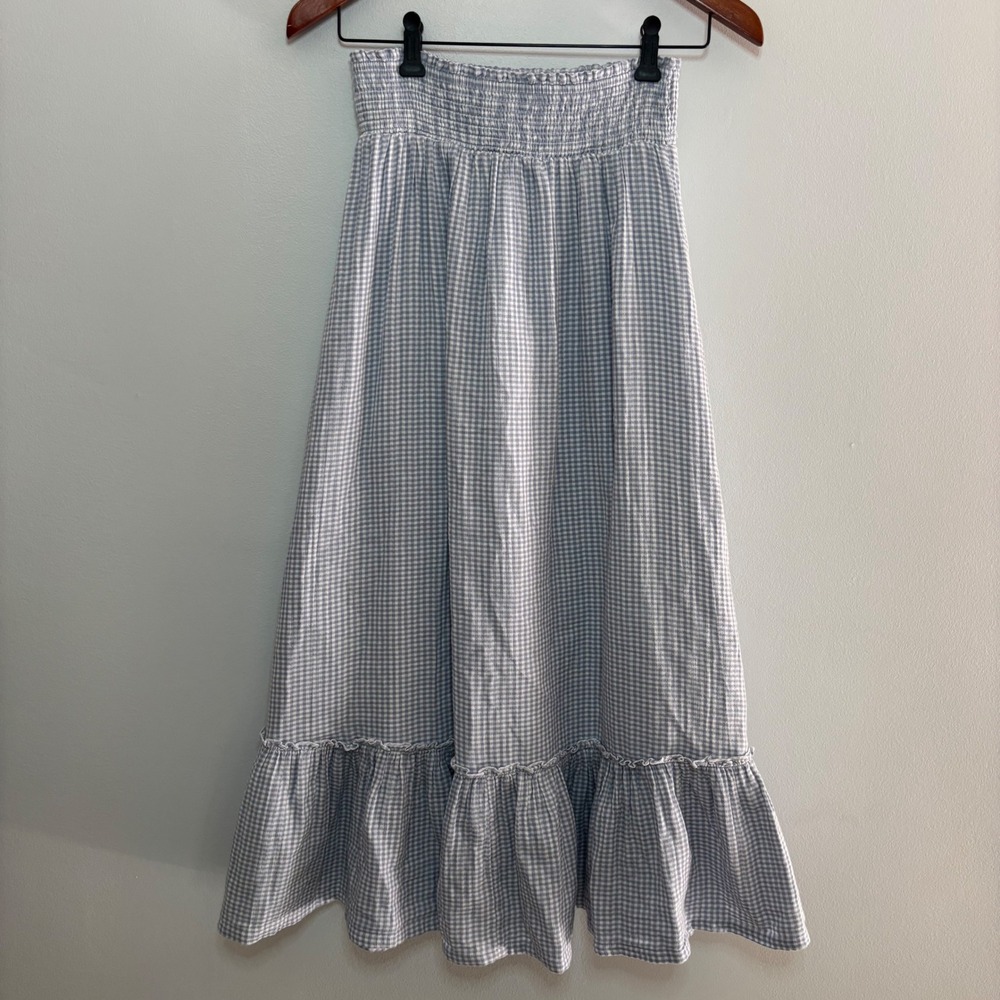 Quince 100% Cotton Gauze Smocked Maxi Skirt XS Blue Gingham Prairie Cottagecore